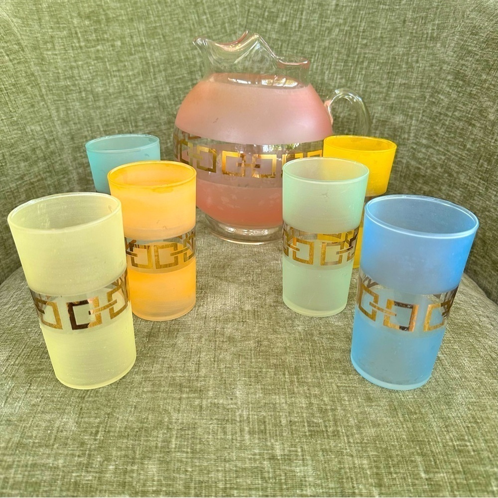 Vintage Bartlett / Tom Collins mid century modern frosted glassware + pitcher
